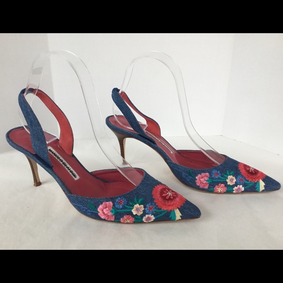 Manolo Blahnik Shoes - MANOLO BLAHNIK FLORAL EMBROIDERED DENIM SLINGBACKS